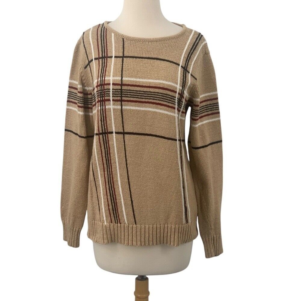 Liz Claiborne Women's Long Sleeve Pullover Plaid Knit Sweater‎ Tan Black Size M